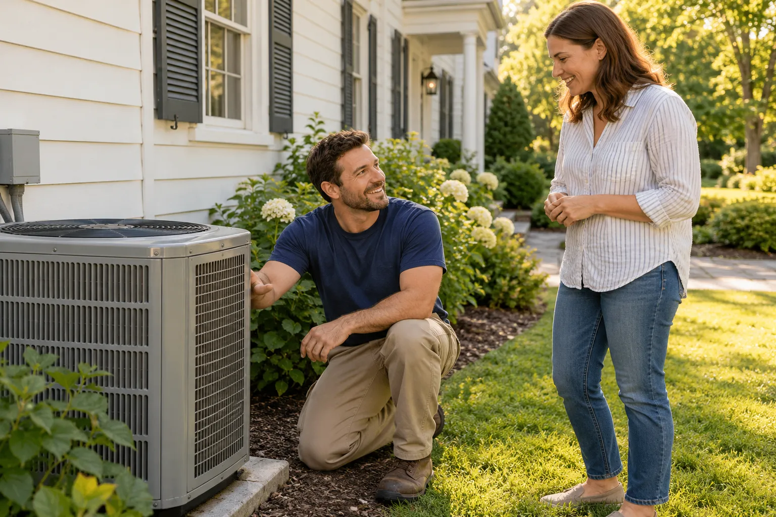 A friendly HVAC provider checking an outdoor air conditioning unit beside a home in Hamilton